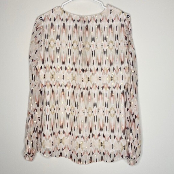 White House Black Market Pastel Print Split Sleeve Gold Threads Lined Top Size 8 - Picture 6 of 12